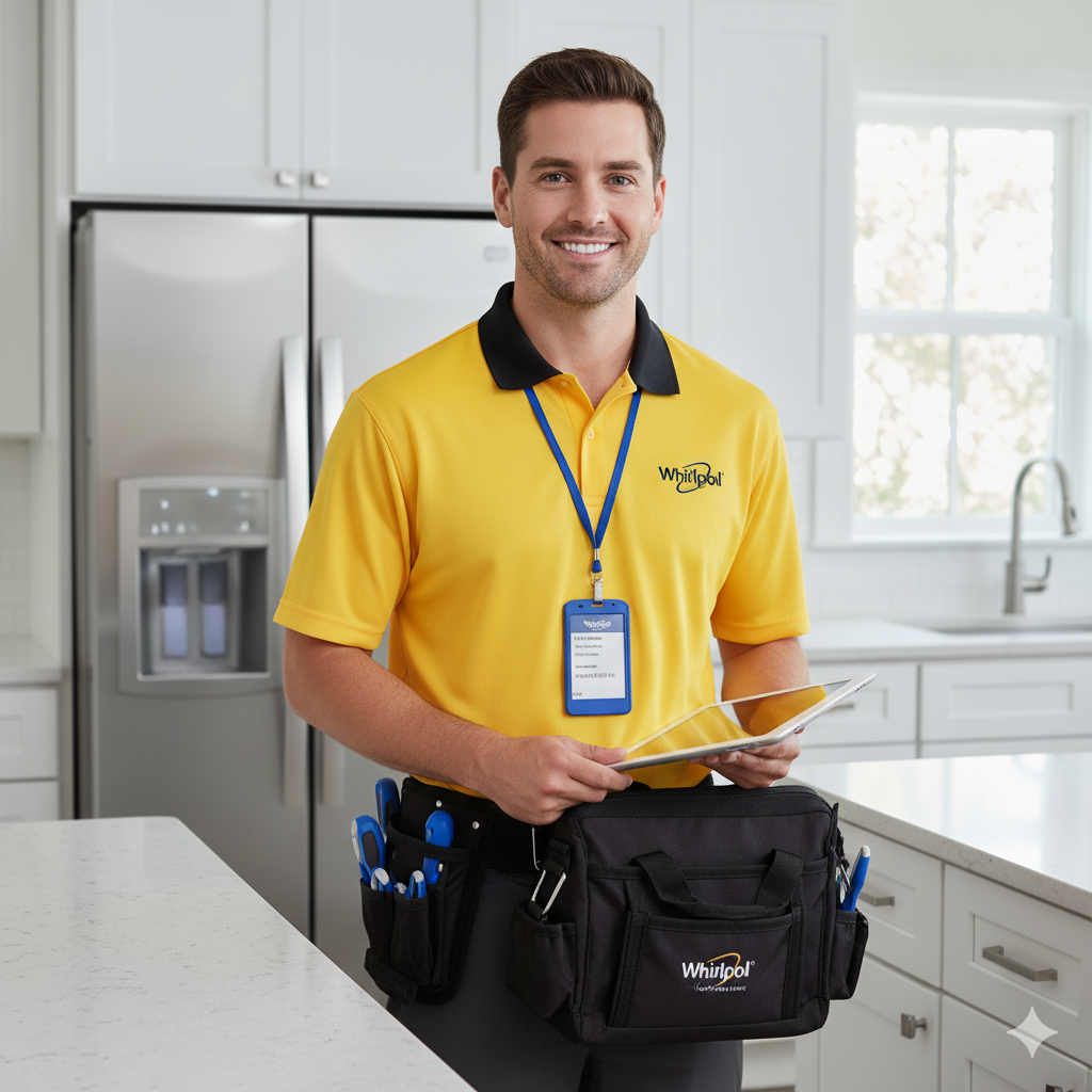 Técnico de servicio Whirlpool autorizado revisando nevera en Panamá a domicilio