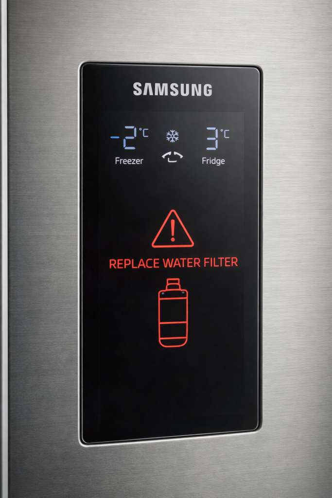Testigo rojo en display de nevera Samsung indicando cambio de filtro necesario - Servicio Técnico Cali SEO Master