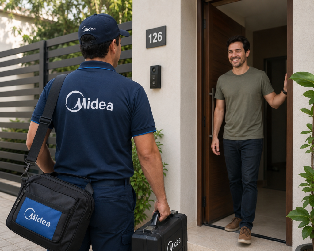 Secretaria oficial Midea atendiendo solicitudes del servicio técnico en Santiago