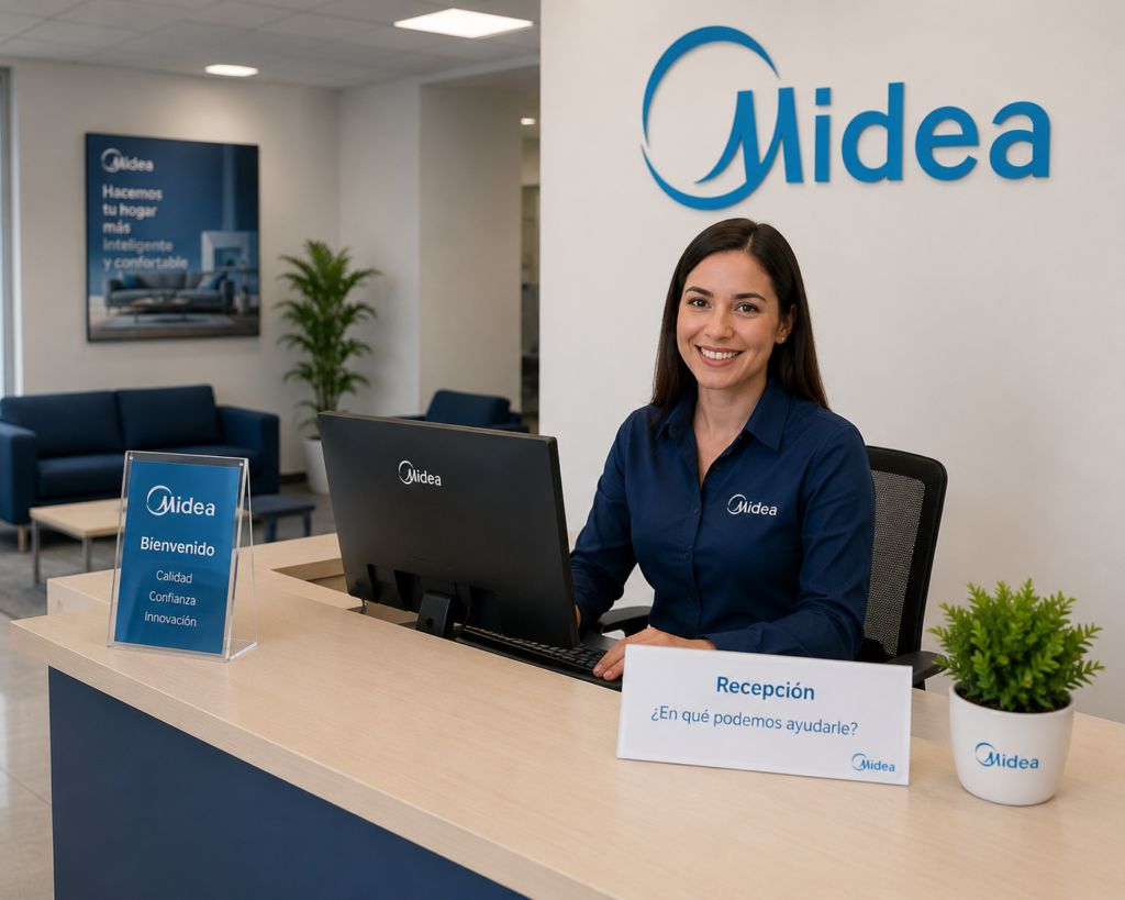 Técnico oficial hablando con secretaria en el centro de atención Midea