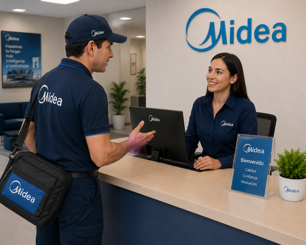 Asistente de diagnóstico y técnico de Midea llegando a recepción de taller de servicio en Santiago para coordinar ruta de reparación