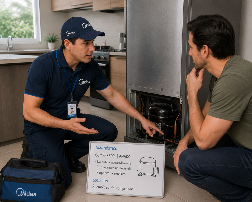 Ingeniero experto revisando y reparando placa Inverter de refrigerador Midea en Santiago de Chile con repuestos originales OEM
