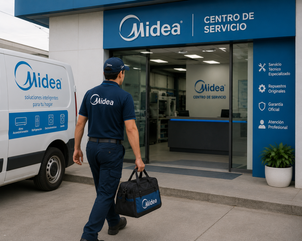 Ingeniero certificado realizando mantenimiento a un aire acondicionado Midea