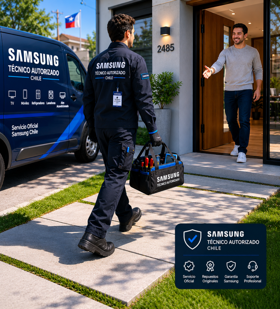 Técnico oficial de soporte Samsung llegando al centro de servicio