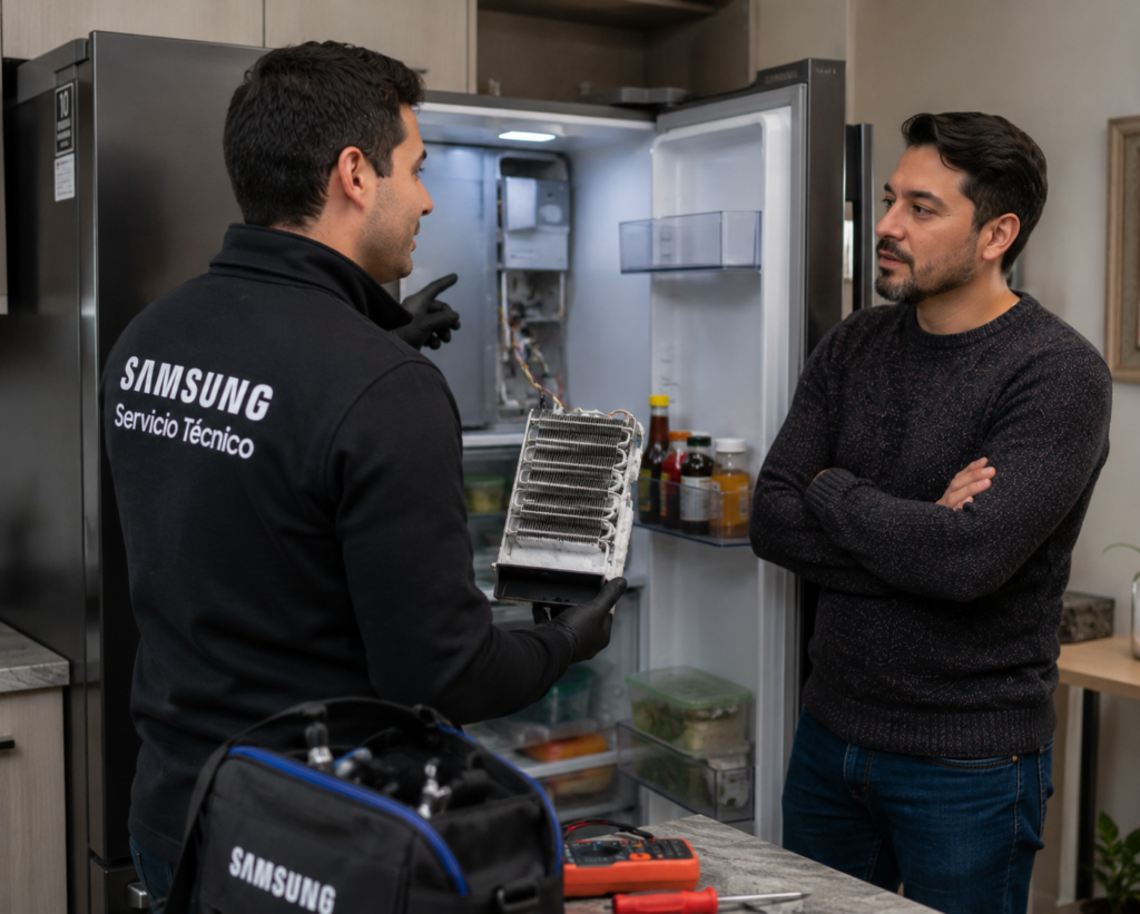 Ingeniero certificado Samsung realizando mantenimiento preventivo