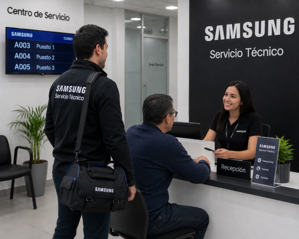 Ingeniero calificado de Samsung llegando al domicilio de un cliente en Panamá con herramientas de diagnóstico digital y repuestos legítimos