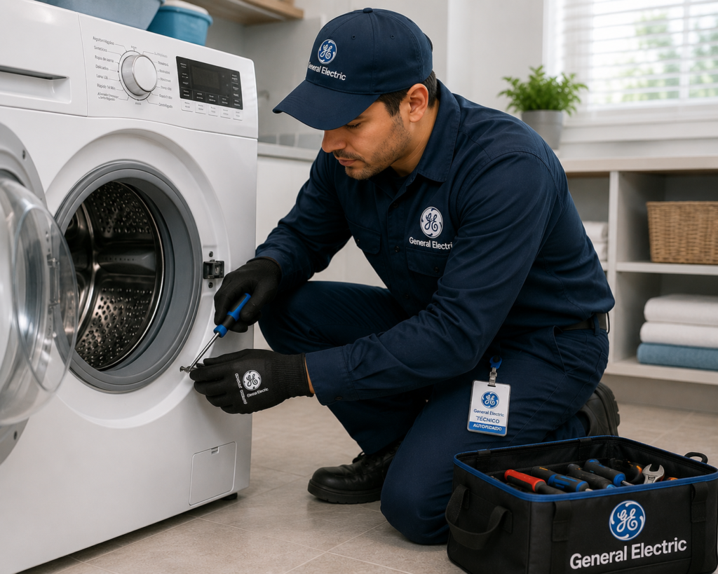 Técnico reparando una lavadora