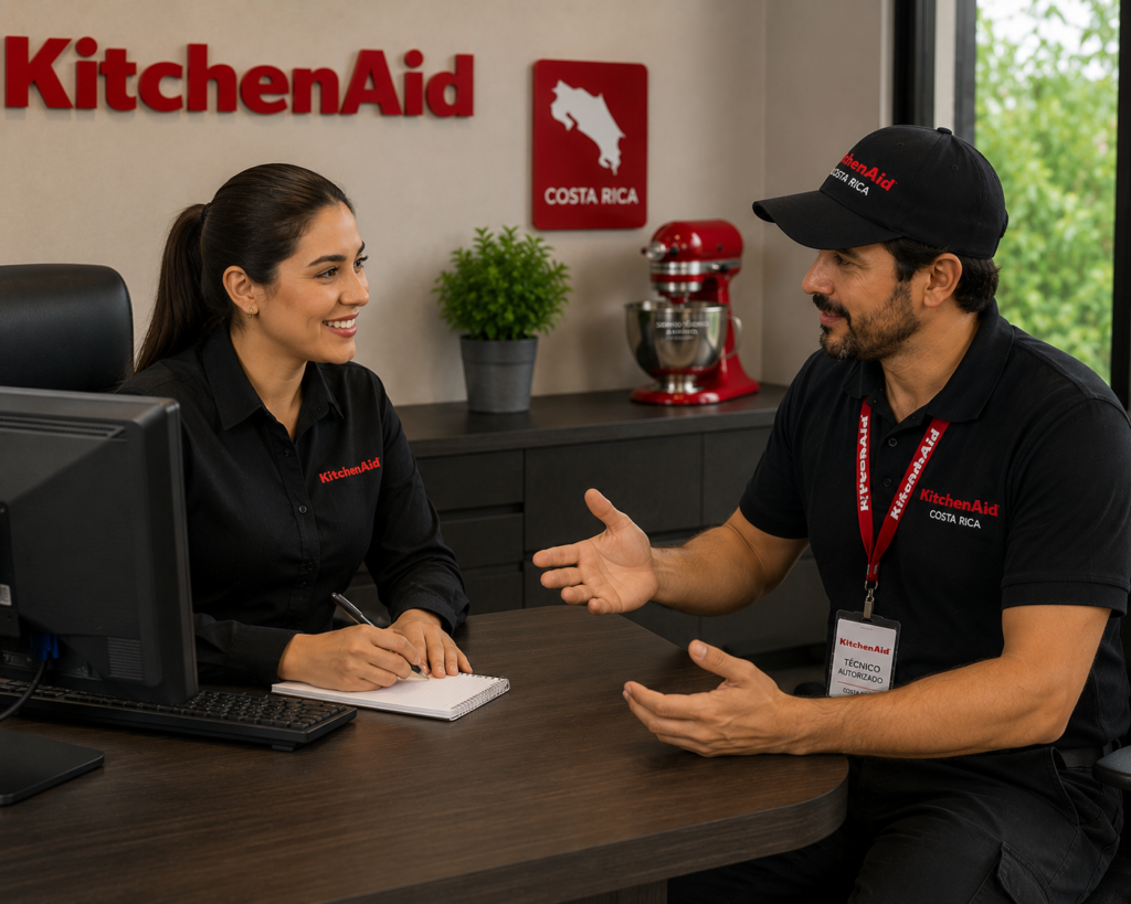 Técnico especialista desarmando y reparando batidora de pedestal KitchenAid Artisan en Costa Rica