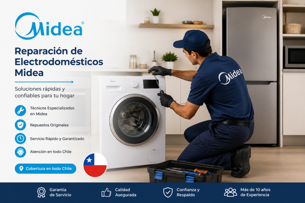 Equipo de técnicos e ingenieros certificados oficiales de Midea Chile reunidos en taller de reparación avanzada