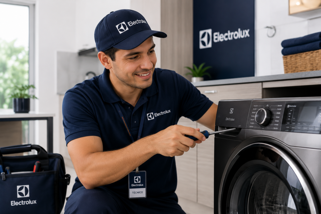Ingeniero experto reparando refrigerador Electrolux Inverter en Panamá con repuestos originales OEM