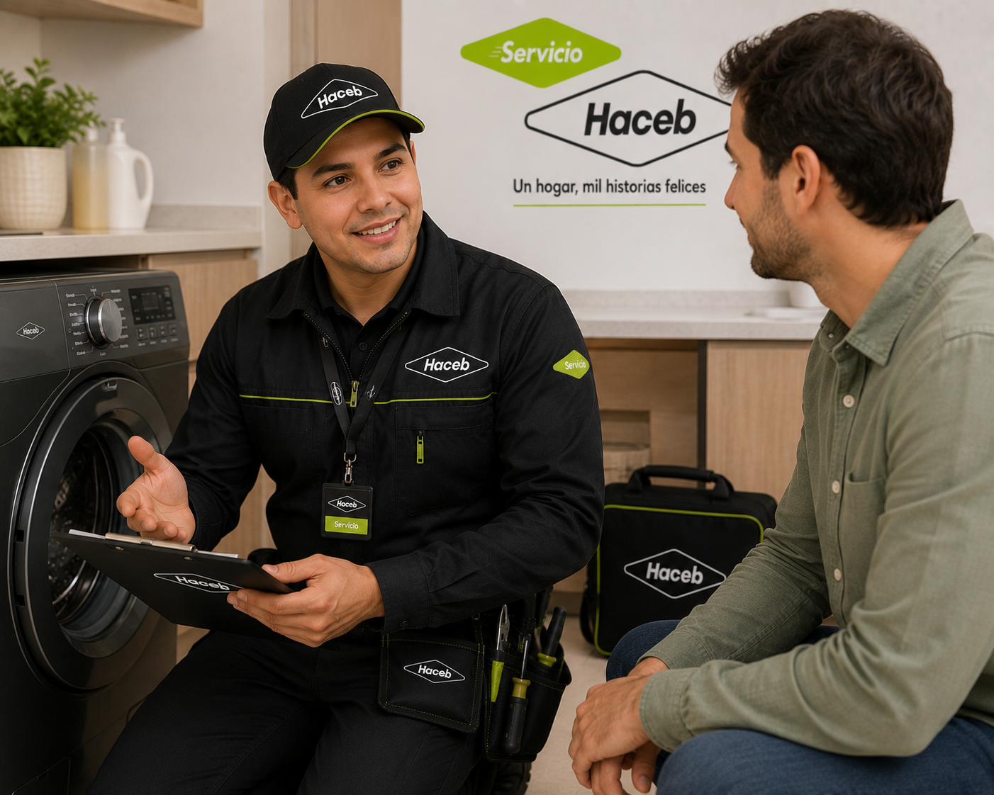 Ingeniero experto de Haceb reparando electrodoméstico y atendiendo amablemente al cliente en Bucaramanga