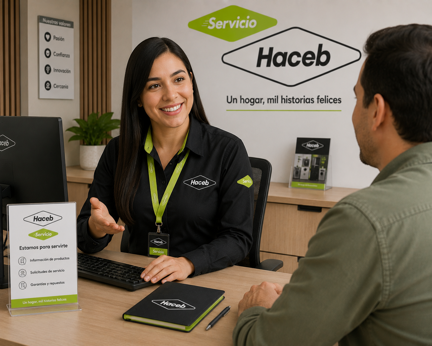 Secretaria ejecutiva Haceb en centro de atención al cliente de Bucaramanga registrando excelentes calificaciones de reparación