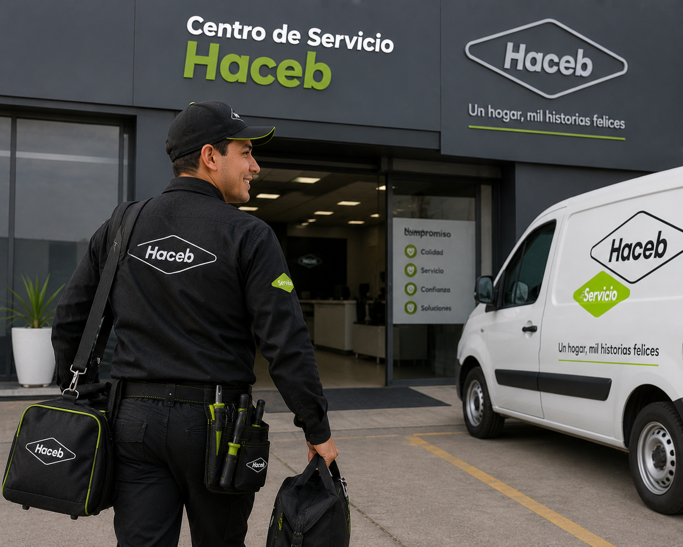 Flota logística y técnico de servicio Haceb llegando al centro de operaciones con cobertura garantizada en Bucaramanga y Floridablanca
